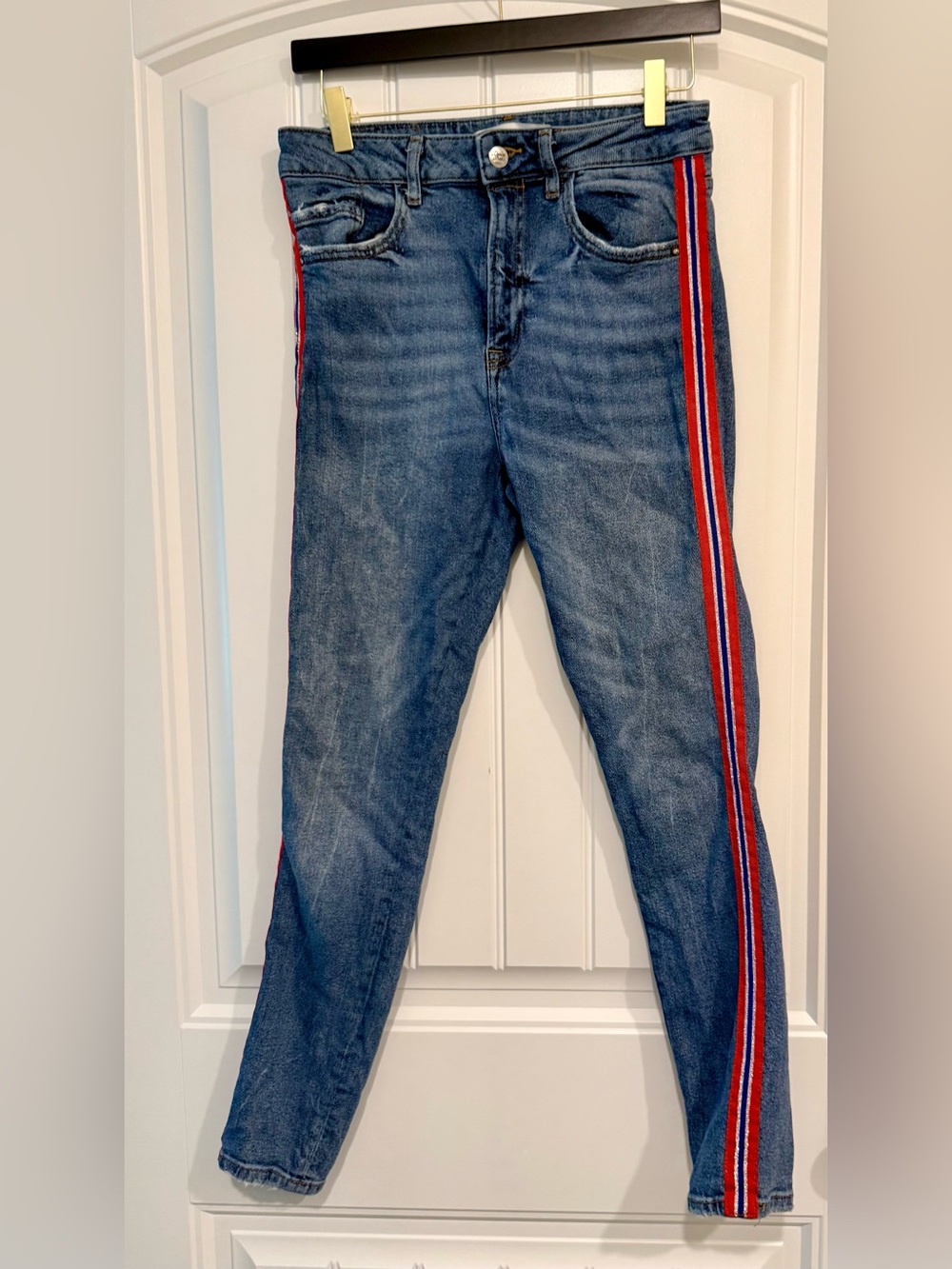 Zara Denim Z1975 Blue Denim Jeans with Red & Silver Side Stripes